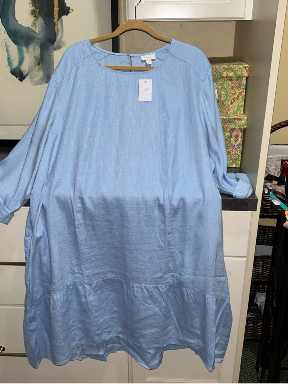 NEW J Jill Plus Size 4X LOVE Linen Shift Dress Cornflower Blue Pockets Ruffle